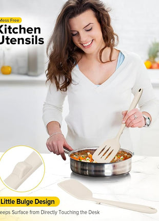 Pack of 2 Silicone Spatula Turners, Non Stick Slotted Kitchen Spatula Set, Heat Resistant BPA Free Kitchen Utensils, One-Piece Design, Suitable for Flipping Fish, Eggs, Steak, Pancakes(KHAKI)