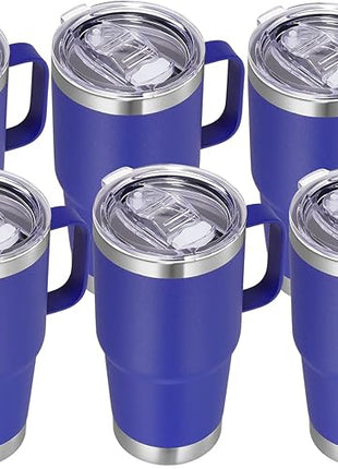 VEGOND 20 oz Tumbler Bulk with Handle Lid and Straw, Stainless Steel Insulated Travel Coffee Mug Set, Spill Proof Double Wall Metal Tumblers Cups, Royal Blue 6 Pack