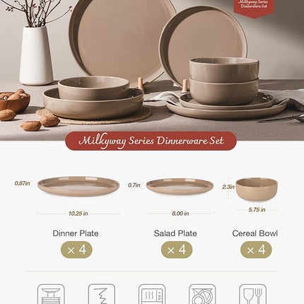 Famiware Milkyway Plates and Bowls Set, 12 Pieces Dinnerware Sets, Dishes Set for 4, Cinnamon Brown
