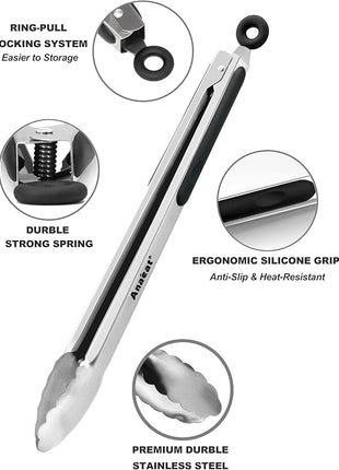 Anaeat Premium Kitchen Locking Tong Set of 3 - Heavy Duty Stainless Steel Food Tongs with Long Handle & Non-Slip Silicone Grip for Cooking, Baking, Grilling - Heat Resistant up to 480°F