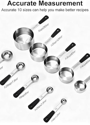 Measuring Cups and Spoons Set Stainless Steel 10 Piece for Cooking and Baking (5 Cups + 5 Spoons, Black Handle)