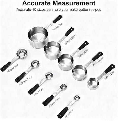 Measuring Cups and Spoons Set Stainless Steel 10 Piece for Cooking and Baking (5 Cups + 5 Spoons, Black Handle)