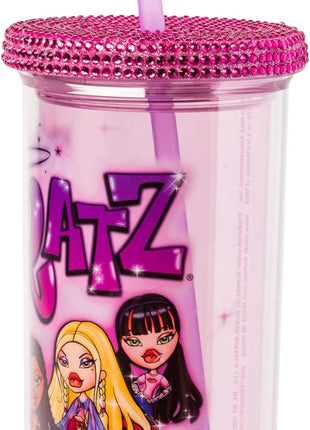Silver Buffalo Bratz Featuring Cloe, Yasmin, Jade, and Sasha Plastic Tall Cold Cup with Rhinestones Lid and Straw, 20 Ounces
