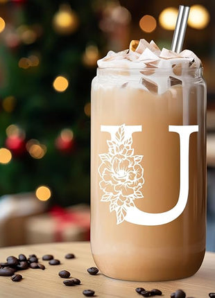 Coolife Initial Glass Cup, Monogrammed Gifts for Women, 16 oz Glass Cups w/Lids Straws, Iced Coffee Smoothie Beer Tumbler w/Straw Lid - Personalized Christmas, Birthday Gifts for Her Mom Friend Woman