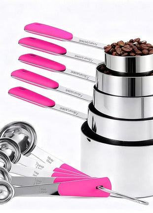 Measuring Cups and Spoons Set Stainless Steel 10 Piece for Cooking and Baking (5 Cups + 5 Spoons, Pink Handle)