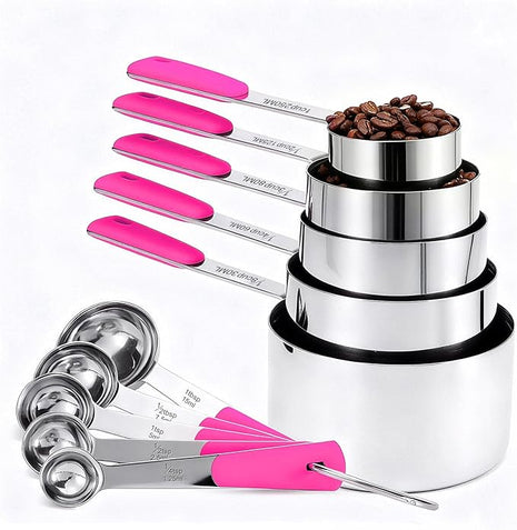 Measuring Cups and Spoons Set Stainless Steel 10 Piece for Cooking and Baking (5 Cups + 5 Spoons, Pink Handle)
