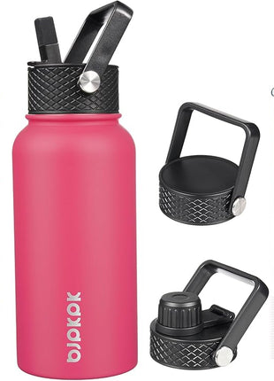 BJPKPK Insulated Water Bottles with Straw Lid, 27oz Stainless Steel Water Bottle with 3 Lids, Leak Proof BPA Free Metal Thermo, Mugs, Tumblers, Keep Cold Hot - Rose Pink