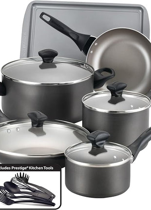 Farberware Dishwasher Safe Nonstick Cookware Pots and Pans Set, 15 Piece, Pewter