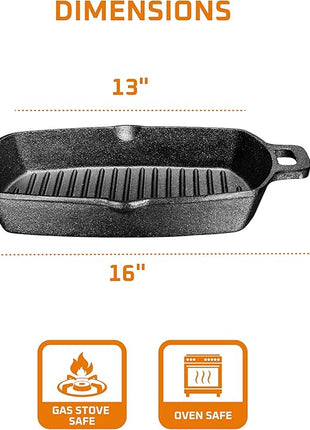 Bruntmor 13 Inch Cast Iron Pan Griddle - Pre-Seasoned Cast Iron Grill Pan for Stove Top and Outdoor Cooking - No Stick Grilling Pan with Ridges for Meats, Steaks and Vegetables - Induction Compatible