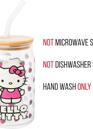 Silver Buffalo Sanrio Hello Kitty Strawberry Glass Jar Tumbler with Bamboo Lid and Glass Straw, 16 Ounces (Pack of 12)