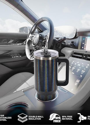 30 oz Shiny Tumbler with Handle and Straw,Stainless Steel Tumbler with Lid and Straw,Insulated Travel Mug(Cold for 34 Hours),Water Bottle for Iced Tea,Coffee (Black)