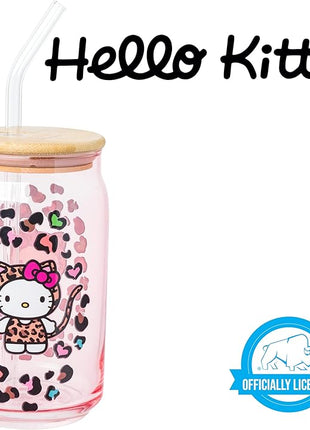 Silver Buffalo Sanrio Hello Kitty in Leopard Print Outfit and Leopard Cat Print Pattern Pink Glass Jar Tumbler with Bamboo Lid and Glass Straw, 16 Ounces