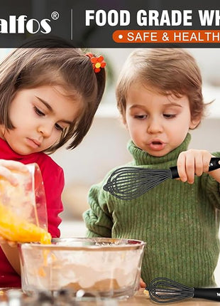 Walfos Silicone Whisk,7+9in Mini Whisk,BPA Free,Small Whisks for Non-Scratch,Heat Resistant (450°F) Nice for stirring individual eggs and mixing small amounts of powder and sauce.Dishwasher Safe.Black