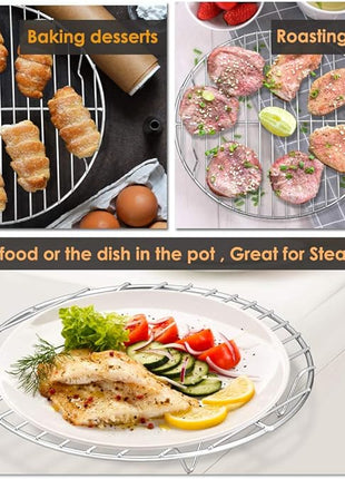 P&P CHEF Round Cooking Rack, 3 Pcs Stainless Steel Baking Cooling Steaming Grilling Rack, Fits Air Fryer/Stockpot/Pressure Cooker/Round Cake Pan, Oven & Dishwasher Safe (7.5 + 9 + 10.5 Inch)