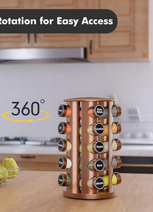 New England Stories Revolving Spice Rack Set with 20 Spice Jars, Kitchen Spice Tower Organizer for Countertop or Cabinet - Carousel Storage Includes 386 Spice Labels (Gold)