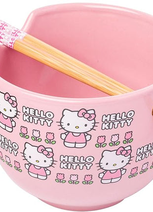 Silver Buffalo Sanrio Hello Kitty Flowers Pattern Ceramic Ramen Noodle Rice Bowl with Chopsticks, Microwave Safe, 20 Ounces