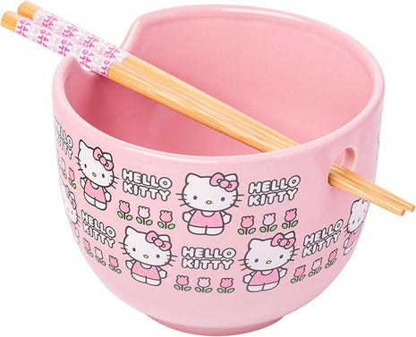 Silver Buffalo Sanrio Hello Kitty Flowers Pattern Ceramic Ramen Noodle Rice Bowl with Chopsticks, Microwave Safe, 20 Ounces