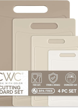 COOK WITH COLOR Non-Slip Cutting Board Set – Kitchen Essentials with Easy Grip Handle for Meat, Veggies, and Fruits, 4 Cutting Boards, Brown