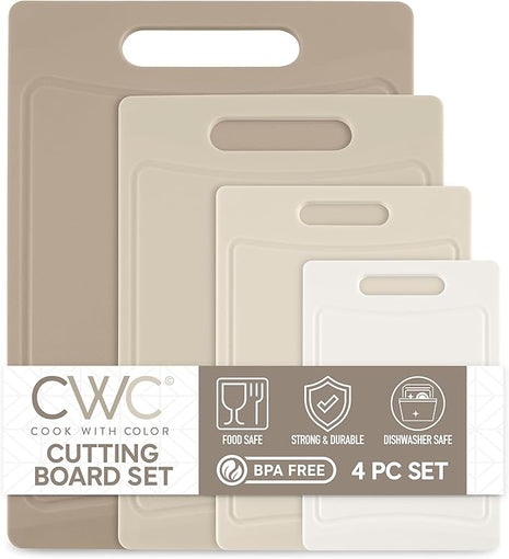 COOK WITH COLOR Non-Slip Cutting Board Set – Kitchen Essentials with Easy Grip Handle for Meat, Veggies, and Fruits, 4 Cutting Boards, Brown