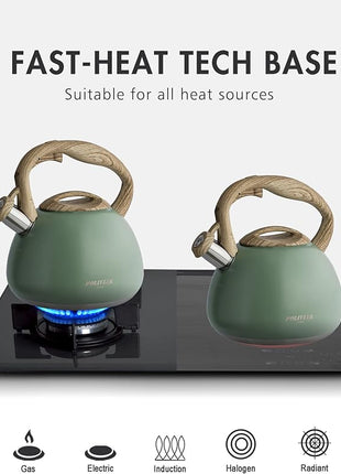 Poliviar Tea Kettle, 2.7 Quart Seaweed Green Finish with Wood Pattern Handle Loud Whistle Food Grade Stainless Steel Teapot, Anti-Hot Handle and Anti-Rust, Suitable for All Heat Sources (JX2020-SB30)