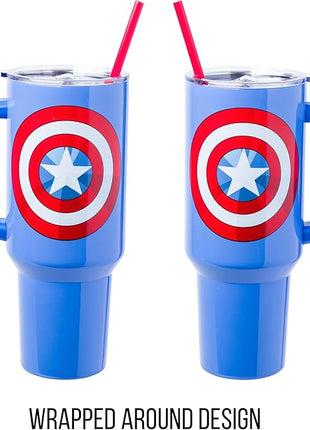 Silver Buffalo Marvel Captain America Shield Stainless Steel Tumbler with Handle and Straw, Fits in Standard Cup Holder, 40 Ounces