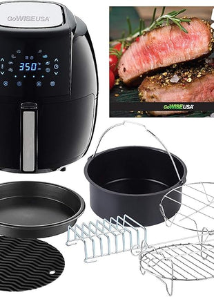 GoWISE USA GWAC22003 5.8-Quart Air Fryer with Accessories, 6 Pcs, and 8 Cooking Presets + 100 Recipes (Black), Qt
