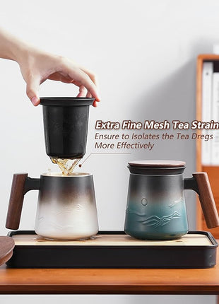 ZENS Tea Mug with Infuser and Lid for Loose Leaf Tea Steeper, 14.5 oz Embossed Ceramic Tea Cup with Fine Strainers and Wood Handle, Diffusers Accessories for Tea Lovers Gifts
