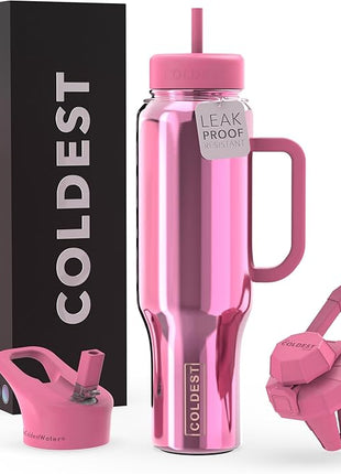 Coldest Tumbler with Handle and Straw - 100% Spill Proof Tumbler with Straw (3 Lids) - Stainless Steel Insulated Leakproof Tumblers for Women & Men - 46 oz (Pink Reflections)