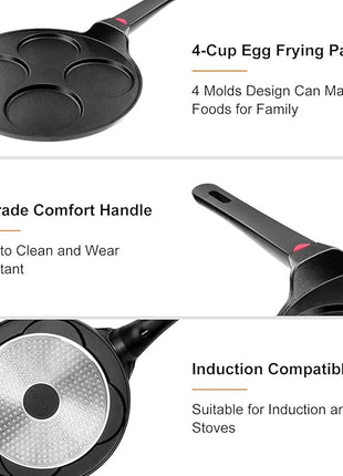 Pancake Pan Nonstick-Suitable for All Stovetops & Induction Cooker, 10.5 Inch Mini Silver Dollar Grill Blini Griddle Crepe Pan, 4 Molds Cake Egg Skillet, 100% PFOA Free Coating