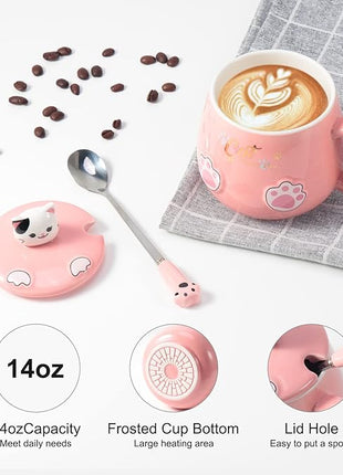 Bgbg Cute Cat Mug, Novelty Ceramic Coffee Tea Milk Cup with Lovely Kitty Lid, Kawaii Claw Spoon, Anime Coaster, Novelty Things Birthday Christmas Gift for Cat Lovers Women Her, 14 oz, Pink