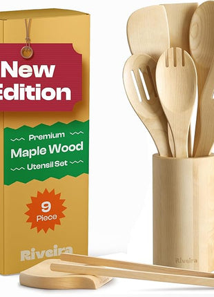 Riveira Maple Wooden Cooking Utensils Set of 9 Premium Quality Non-Toxic Wooden Spoons & Spatulas for Cooking, Stirring, Serving & Flipping