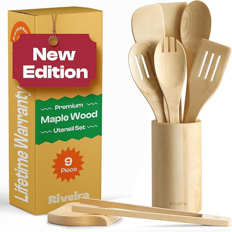 Riveira Maple Wooden Cooking Utensils Set of 9 Premium Quality Non-Toxic Wooden Spoons & Spatulas for Cooking, Stirring, Serving & Flipping