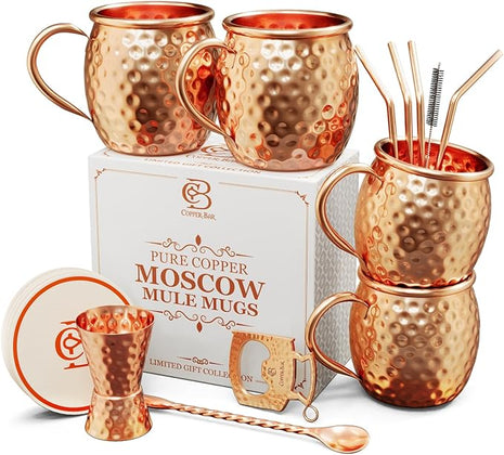 Moscow Mule Copper Mugs - Unique HANDCREFTED Gift Set of 4, Hammered by Artisan, 100% Pure Solid Copper Cups 16oz for Drinking Water & Cocktails, Include 18 Pcs accessories & Special Opener