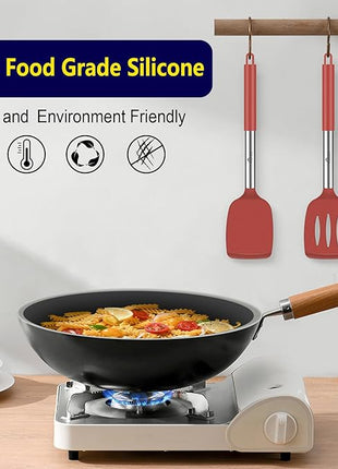 HOTEC Silicone Spatula Set of 2 Heat-Resistant 600°F & BPA-Free Kitchen SaptulaTurner with Stainless Steel Handles, Slotted & Solid Spatulas for Nonstick Cookware, 13.7 Inch, Red