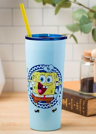 Silver Buffalo Spongebob Squarepants Happy Jazz Hands Double Walled Stainless Steel Tumbler with Straw, 22 Ounces