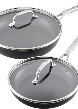 KitchenAid Hard Anodized Induction Nonstick Frying Pan Set With Tempered Lids, 4-Piece - 10 & 12 Inch – Durable, Even Heating, Oven Safe to 500°F, Dishwasher Safe, Easy-Clean