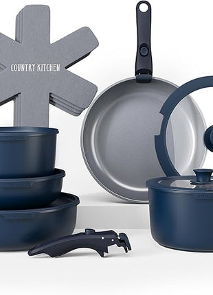 Country Kitchen Cookware Set with Removable Handle, Oven & RV Safe Pots and Pans Set, Denim, Original