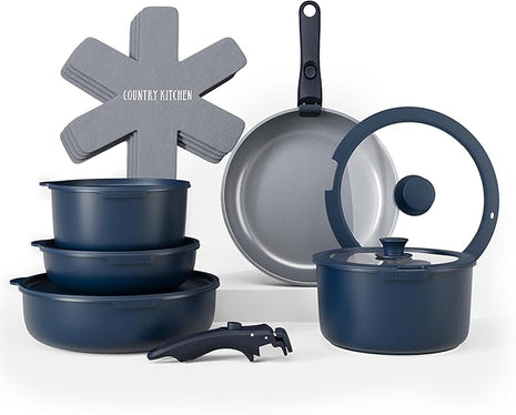 Country Kitchen Cookware Set with Removable Handle, Oven & RV Safe Pots and Pans Set, Denim, Original