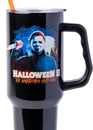 Silver Buffalo Halloween II “The Nightmare Isn’t Over” Stainless Steel Tumbler with Handle Featuring Michael Myers, Fits in Standard Cup Holder, 40 Ounces