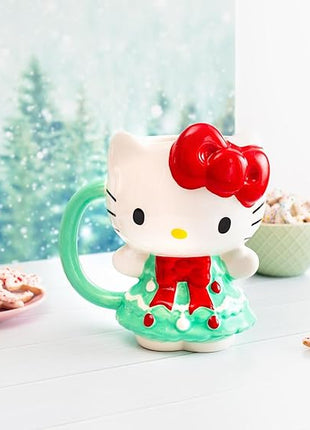 Silver Buffalo Sanrio Hello Kitty Holiday Christmas Tree Dress 3D Sculpted Ceramic Mug, 20 Ounces