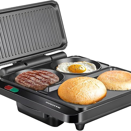 OVENTE Sandwich Maker and Hamburger Grill Machine with Non-Stick Griddle and Griller Plate, 1000W Electric Multipurpose Breakfast Station for Sandwiches, Burgers, Egg Muffin & Pancakes, Black HMG111B