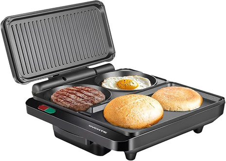 OVENTE Sandwich Maker and Hamburger Grill Machine with Non-Stick Griddle and Griller Plate, 1000W Electric Multipurpose Breakfast Station for Sandwiches, Burgers, Egg Muffin & Pancakes, Black HMG111B