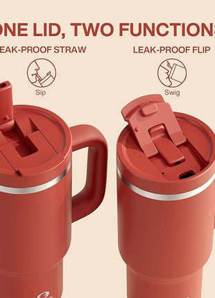 32 oz Tumbler with Handle and Straw: Stainless Steel Insulated Tumbler Keeps Cold for 24 Hours, Leakproof Travel Cup Fits in Cup Holder and BPA-Free,Medium Carmine