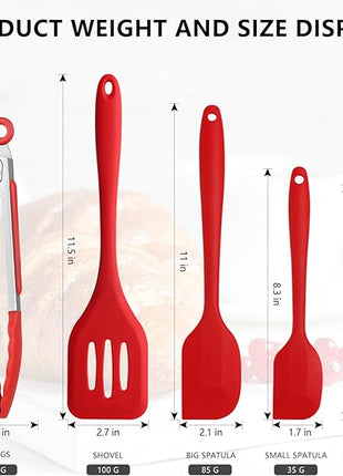 NileHome 4 Pack Silicone Spatula and Grilling Tongs Kitchen Utensils with Silicone Brush Heat Resistant BPA-free Rubber Spatula for Scraping, Baking, Cooking, Mixing-Red