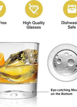 Creative Moonbottom Whiskey Glasses Set of 4, Old Fashioned and Cocktail Glasses (Frosted bottom set of 4), gift for amateur astronomer