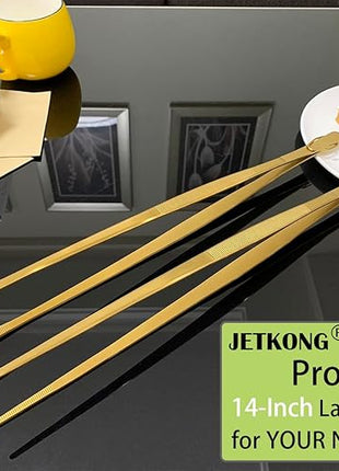 JETKONG 2 Pcs 14-Inch Cooking Tweezers Extra Long Stainless Steel Food Tweezers Kitchen Tweezer Tongs (Gold)