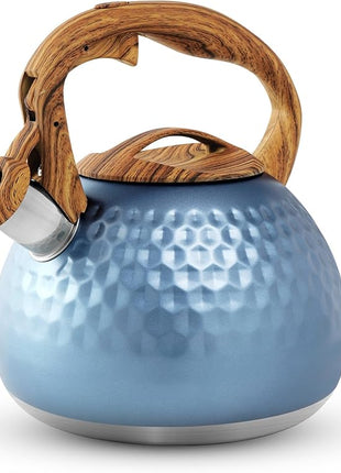 Stainless Steel Tea Kettle Blue, Teapot 3.2 Quart Whistling Tea Kettle, Tea Pots for Stove Top with Wood Pattern Handle, Gas Electric Applicable