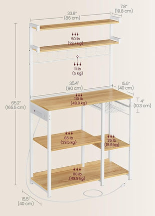 VASAGLE Bakers Rack with Power Outlet, 35.4 Inches Microwave Stand, Coffee Bar, 4 AC Outlets, with Adjustable Shelves, 8 S-Hooks, Basket, Spice Racks, Golden Oak and Cloud White UKKS031Y09