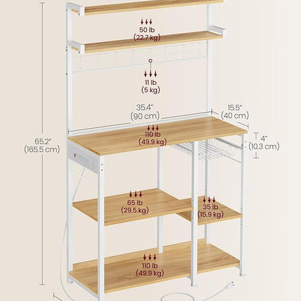 VASAGLE Bakers Rack with Power Outlet, 35.4 Inches Microwave Stand, Coffee Bar, 4 AC Outlets, with Adjustable Shelves, 8 S-Hooks, Basket, Spice Racks, Golden Oak and Cloud White UKKS031Y09