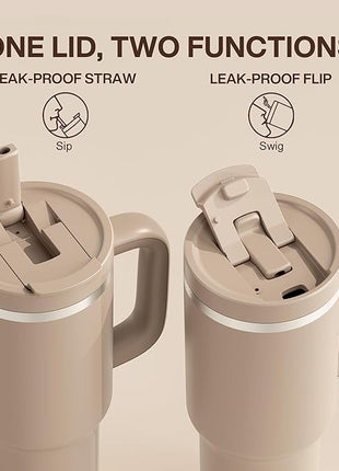 ENCOOL 40 oz Tumbler with Handle and Straw: Stainless Steel Insulated Tumbler Keeps Cold for 24 Hours, Leakproof Travel Cup Fits in Cup Holder and BPA-Free,Raw Umber